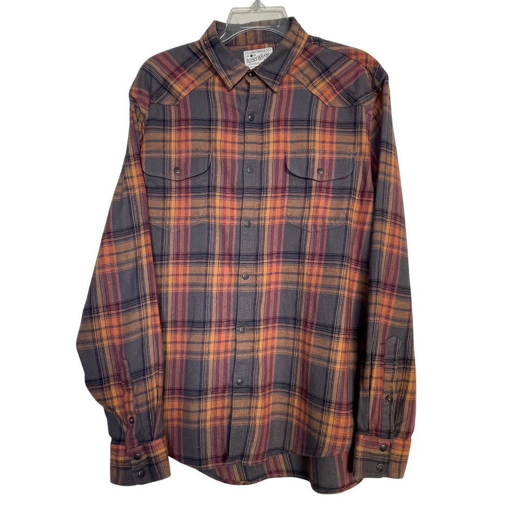 Lucky Brand Mens‎ Saturday Stretch Plaid Western Snap Front Shirt Grey Orange L